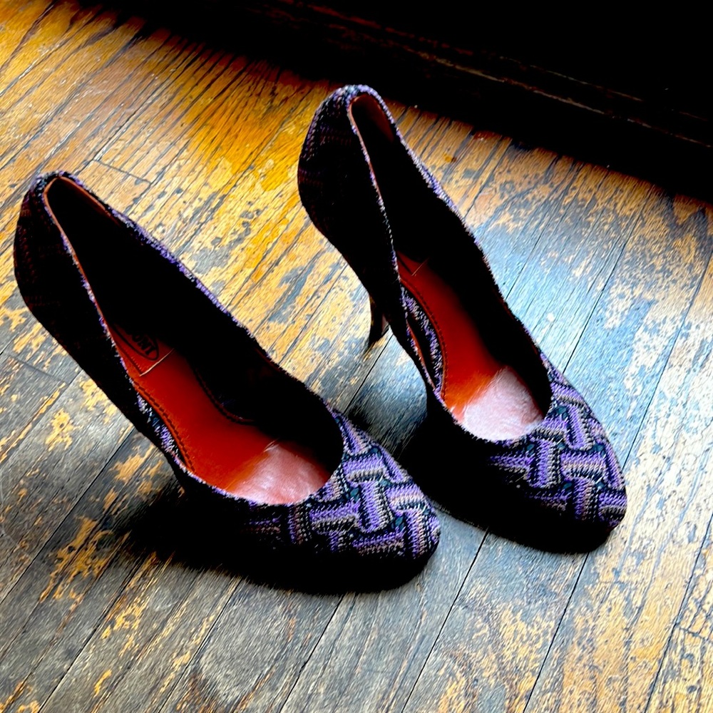 Missoni Knit Basketweave Stiletto Almond Toe Purple Zig Zag Pumps 39 EU 8.5 US